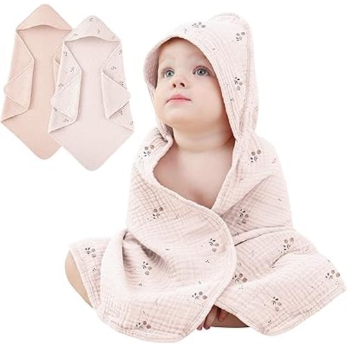 Susurration 2 Pack Thick Muslin Baby Towels, 100% Cotton Soft and Absorbent Baby Bath Hooded Towel for Newborn, Infant, Girls, Boys, Baby Essentials