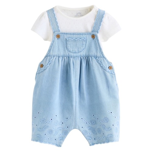 Pointelle T-Shirt & Eyelet Denim Overalls Set