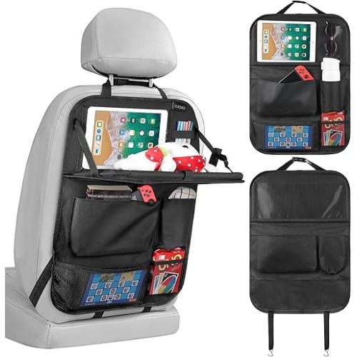 LUCMO Car Backseat Organizer with Tablet Holder,6 Storage Pockets Car Storage Organizer with Foldable Food Tray,Protectors Kick Mats Travel Accessories-Black