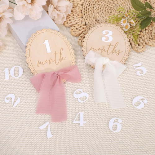 Scallop Edge Monthly Milestone Disc Set - Wooden Photography Props, Announcement Sign Plaque With Chiffon Ribbon, Month Wood Sign With Acrylic Numbers, Party Gifts