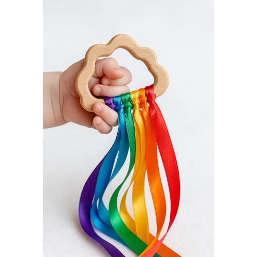Rainbow Ribbon Sensory Ring: Montessori Toy, Raw Wood