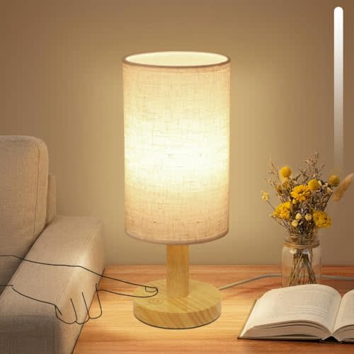 Touch Bedside Table Lamp with Stepless Dimming, USB Powered | 2700K warm LED lamp with wood base and linen shade, no bulb replacement needed for bedroom, nursery, dorm and nightstand