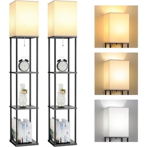 2-Pack Floor Lamp with Shelves, 3-Tier Square Bookshelf Standing Lamp