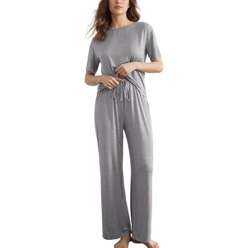 Slouchy Pajamas for Women Set Short Sleeve Tops Wide Leg Pants Comfy Two Piece Sets Loungewear Sleepwear