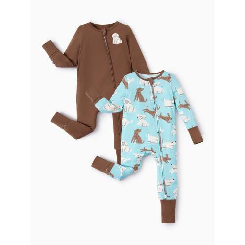 Bamboo Baby Boy/Girl 2-Pack Natural Animal or Plant Long Sleeve Romper 2-Way Zip Anti Slip Footie Brown