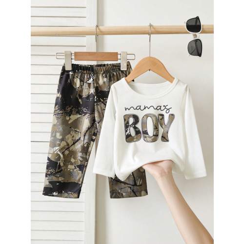 SHEIN Playful Pals Baby Toddler Boy 2‑Piece Outfit Letter Print Long Sleeve Crew Neck T‑Shirt & Camouflage Print Pants Set Casual Infant Boys Daily Clothing Set
