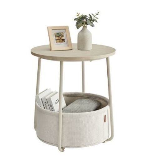 Small Round Side End Table, Modern Nightstand with Fabric Basket Cream White