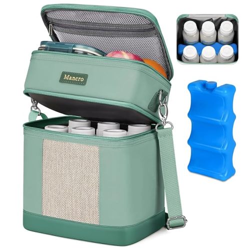 Mancro Breastmilk Cooler Bag with Ice Pack, Double Layer Breast Milk Cooler Bag Fits 6 Bottles Up to 9 Ounces, Breast Pump Bag with Cooler for Daycare & Nursing, Green