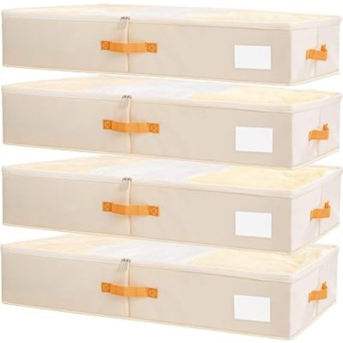 Criusia Under Bed Storage Bins with Clear PVC Lids – 4 Pack Large Underbed Organizers with Heavy-Duty Handles, Reinforced with 800G PP Panels & 80G Non-Woven Fabric – Waterproof & Foldable, Beige