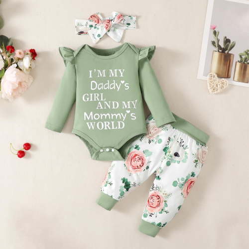 Thetops Newborn Baby Girl Cotton Outfit 3 Months Green - 3-Piece Bodysuit, Pants & Headband with Ruffle Shoulder, Floral Print & "Daddy’s Girl Mommy’s World" Text