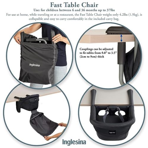 Inglesina Fast Table Chair - Award-Winning Baby High Chair for Eating & Dining - Compact, Portable & Foldable - Leaves No Scratches - for Babies 6-36 Months & 1-3 Year Old Toddler - Black