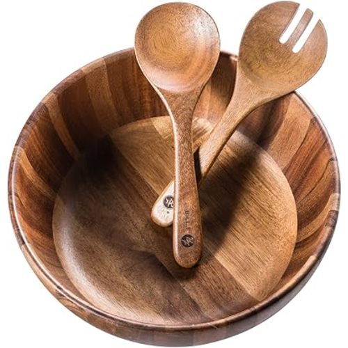 Bill.F Wooden Salad Bowl, 12'' Acacia Wood Salad Bowls Set Large Salad Mixing Bowl with Servers-3-Piece Big Salad Bowl Set