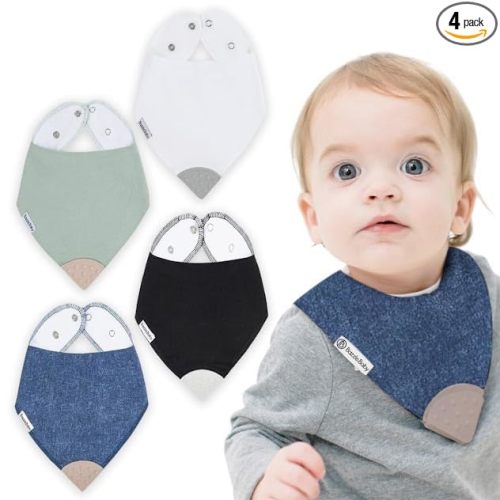 Bazzle Baby Bandana Teething Bib 4-Pack – Double layer Drool Bibs for Boys & Girls, Silicone Teether for Teething Relief, Adjustable & Absorbent Baby Bibs for Drooling - Denim & Sage (Peyton)