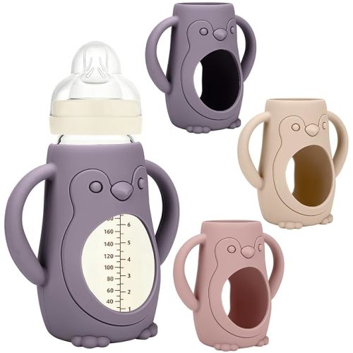 BUSOHA 3 Pack Silicone Sleeves for MAM Bottles - Baby Bottle Sleeves Compatible with MAM Glass Bottles Anti Breakage Baby Bottle Holder with Handle,9 OZ,Yellow + Grey + Pink