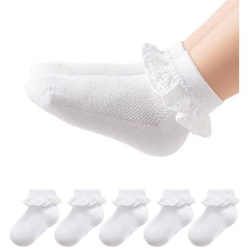 Funjoon 2-8Y Girls Toddler Little Girls White Ruffle Socks Dress Lace Frilly Cute Ankle Cotton School Socks