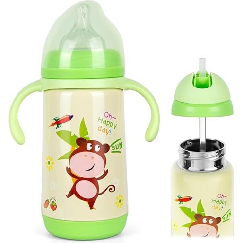 PHEENOWL Stainless Steel Insulated Baby Bottle 10oz – Medium-Flow Nipple & Straw Lid with Removable Handles, Thermal Water Bottle for Toddler BPA and Phthalates-Free (Monkey)
