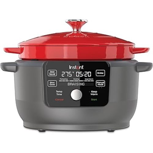 Instant Pot Electric Round Dutch Oven,6-Quart 1500W,From the Makers of Instant Pot,5-in-1: Braise,Slow Cook,Sear/Sauté,Food Warmer,Cooking Pan,Enameled Cast Iron,Included Recipe Book,Red