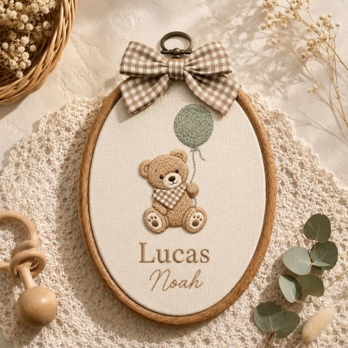Personalized Teddy Bear Embroidery Hoop Sign, Custom Baby Boy Nursery Decor, Neutral Bear Wall Art, Cottagecore Baby Name Sign
