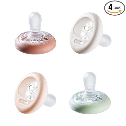 Tommee Tippee Breast-Like Pacifier, 0-6 Months, Symmetrical Design, Natural Breast-Like Baglet, BPA-Free Binkies, Rose/Green/Cream, Pack of 4