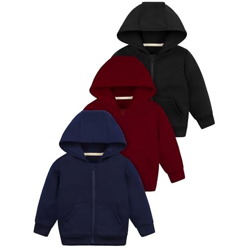 Cooraby 3 Packs Baby and Toddler Boys Long Sleeve Full-Zip Hoodies Infant Fleece Hooded Sweatshirts Jacket with Pouch Pockets