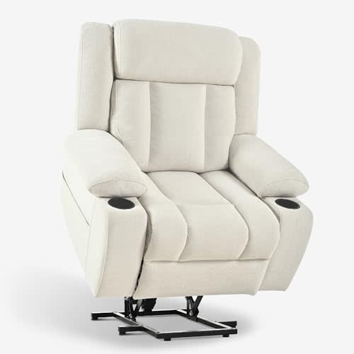 cinkehome Large Lift Recliner for Elderly, Power Lift Chair Recliner with Extended Footrest, Remote Control, Cup Holders, Side Pocket, Beige Snowflake Fleece