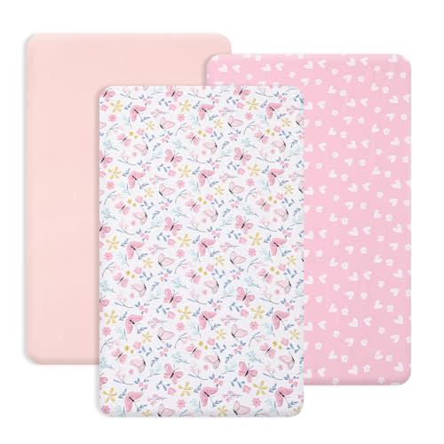 PHF 3 Pack Soft Mini Crib Sheets, Butterfly Pack N Play Sheets for Baby Girls, No Slip Universal Fit for Pack N Play, Playard, Portable and Mini Crib Mattresses, Butterfly
