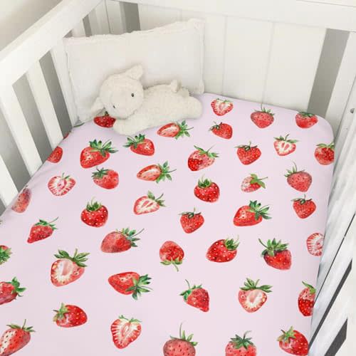 Watercolor Strawberries Baby Crib Sheet 52''x28'' Cute Strawberry Pink Stretchy Fitted Crib Mattress Covers for Boy Girl Boho Summer Fruits Soft Baby Sheets for Standard Crib and Toddler Mattress