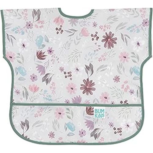 Bumkins Short Sleeve Bib for Girl or Boy, Toddler and Kids for 1-3 Years, Large Size, Essential Must Have for Junior Children, Eating, Mess Saving Soft Fabric Apron for Play, Floral Gray