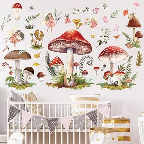 Fairy Wall Stickers Decor - Mushroom Wall Decals Flower Wall Sticker Removable Floral Wall Murals Peel and Stick for Girls Kids Bedroom Nursery Playroom Bathroom Living Room Wall Decor