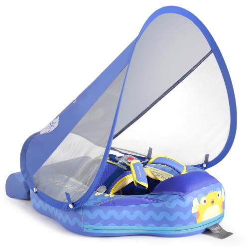 Mambobaby Float Add Tail No Flip Over Non-Inflatable Baby Swim Float Pearl Foam Solid Water Floats Smart Swim Trainer Infant Pool Float Swim Ring with Sun Canopy