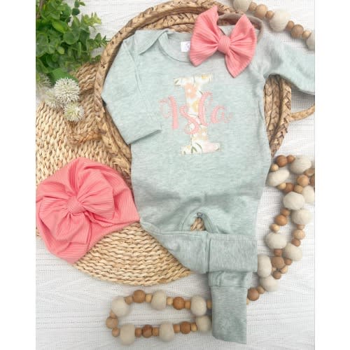 Personalized Baby Girl Outfit | Sage Green Romper Floral Letter Pink B – Wonderfully Made