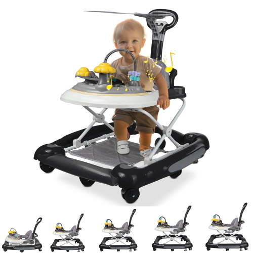 BEJOLO Foldable Baby Walker for Boys Girls, Baby Toys Sit to Stand Activity Center with Wheels, Seat and Height Adjustable 6 to 12 Months (Black)