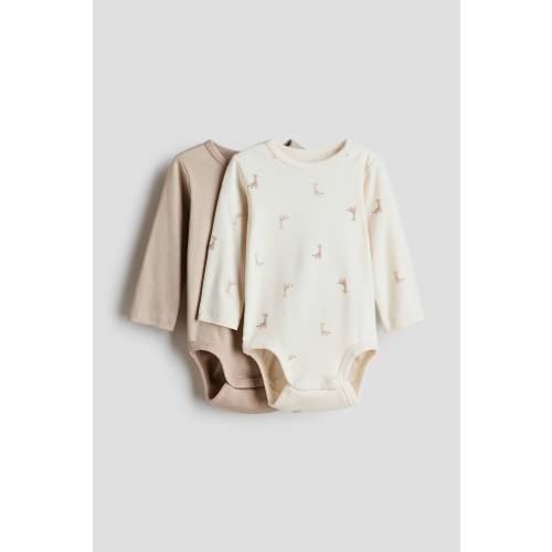 2-PACK LONG-SLEEVED BODYSUITS - Beige/giraffes NB