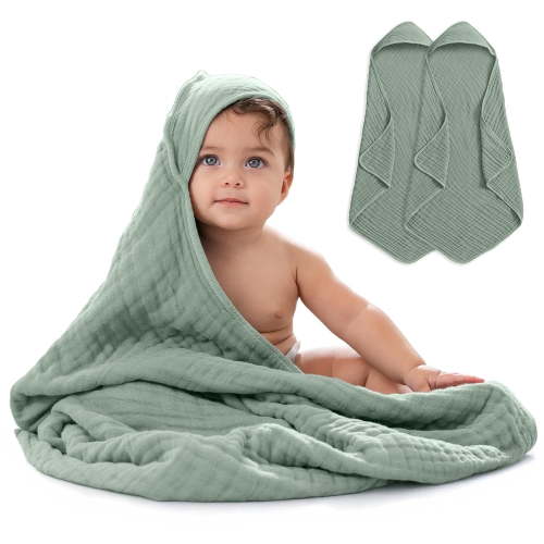 Comfy Cubs Hooded Baby Towels 2-Pack, Large 32" x 32" - 6 Layer, 100% Muslin Cotton, Fern