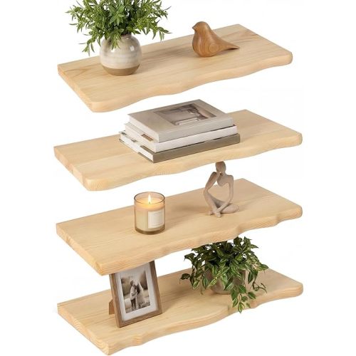 Pinkunn 4 Pcs Floating Shelves for Wall Rustic Wooden Floating Shelf Wooden Shelves for Bathroom Living Room Bedroom Kitchen Wall Mounted Live Edge Pine Shelf(Natural Wood Color,15.75 Inches)