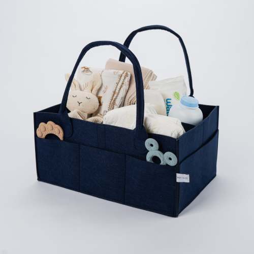 Baby Bliss Felt Diaper Caddy - Removable Insert & 8 External Pockets, Stylish, Portable Baby Storage Bin for Home & Travel - Navy