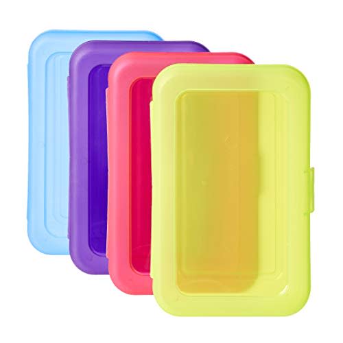Amazon Basics 4-Pack Large Pencil Cases - Durable Plastic School Supply Pencil Box - Multi-Color Student Organization Cases for Office, College & Classroom Supplies