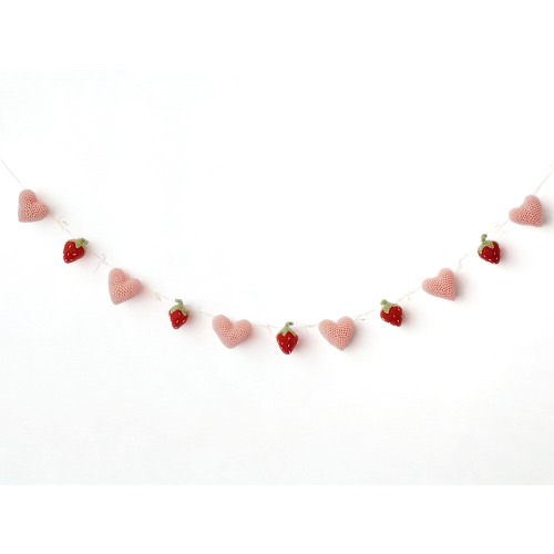 Heart & Strawberry Crochet Garland | Choose Length (4ft/6ft) | Valentine Mantel Decor | Handmade Cottagecore Garland