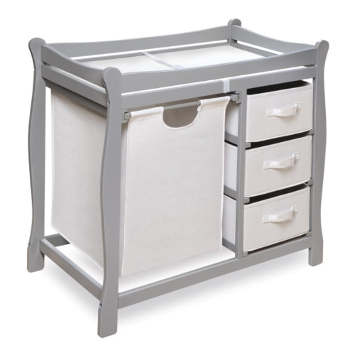 BADGER BASKET Sleigh Style Baby Changing Table with Hamper and 3 Baskets - Gray