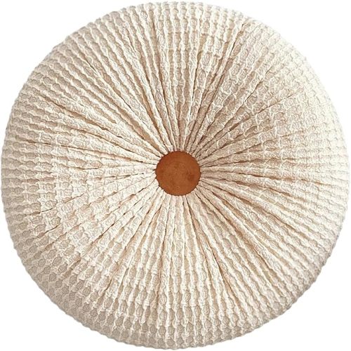 Round Throw Pillow Pleated Small Circle Pillow 16 in Round Boho Decorative Pillows for Couch Sofa Chair Bed Car,Ivory,Diameter 16 inches