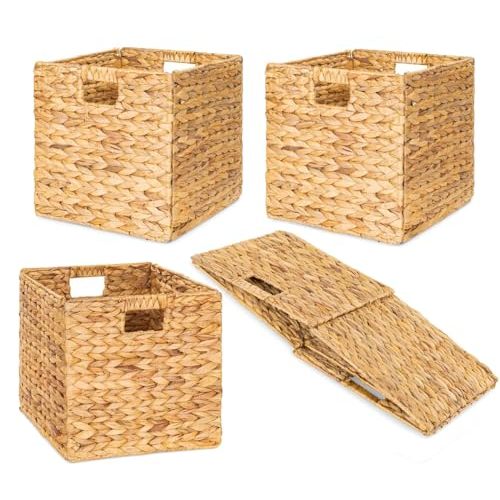 10.5'' Foldable Large Cube Water Hyacinth Wicker Storage Baskets with Handles and Built-in Metal Frame, 4 Pcs Stylish and Durable Hand Woven Bin Perfect for Shelves and Living Room Organizing