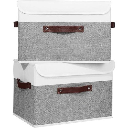 ANMINY 2PCS Storage Boxes with Lid Washable Decorative Storage Bins Basket with PU Leather Handle Foldable Linen Fabric Storage Cubes Containers for Home Closet Organizer - Gray White, Large Size
