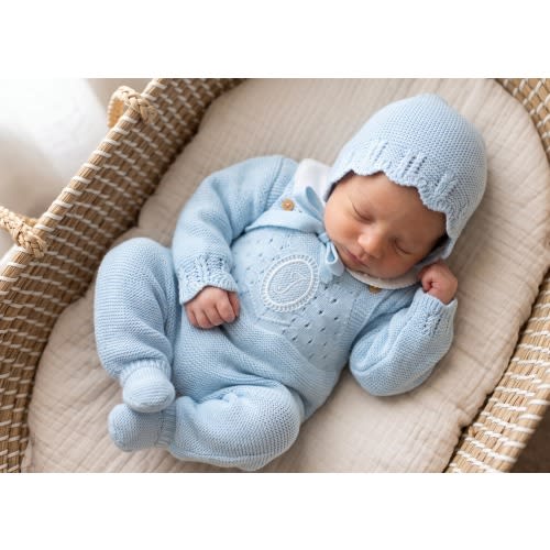 Knit Newborn blue boy personalized clothes 3 pieces Going Home First cloth Hospital knitted