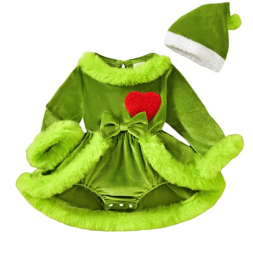 Baby Girl Christmas Outfit Green Monster Fuzzy Trim Velvet Long Sleeve Romper Dress and Hat 2 Piece Set