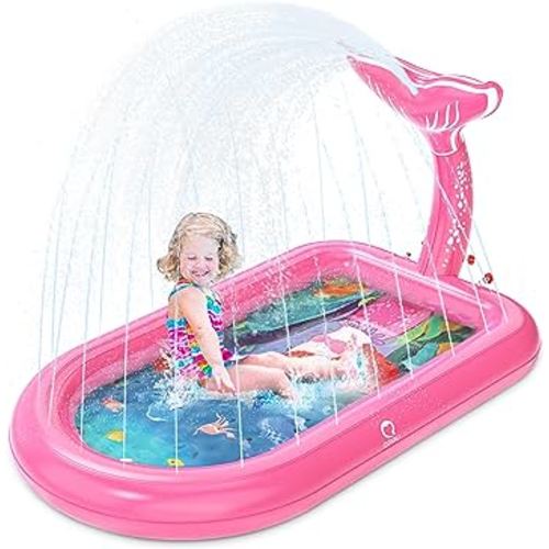 QPAU Splash Pads for Toddlers 1-3, Pink Mermaid Toy Splash Pad for Kids, Outdoor Play Mat for Babies, Inflatable Pool for Birthday Girl Gifts 1 Year Old Girl
