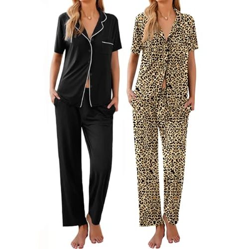 Ekouaer 2 Pack：Womens Pajamas Short Sleeve Pjs Notch Collar Button Up Loungewear Cozy Sleepwear Sets