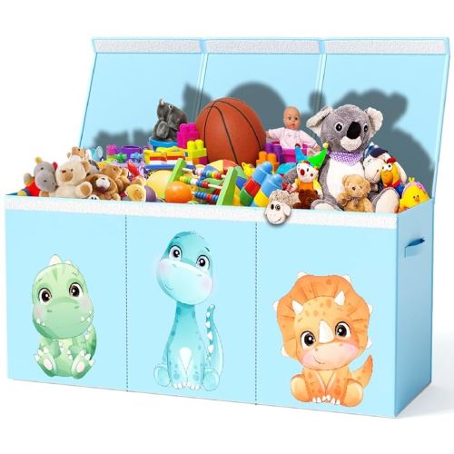 Extra Large Dinosaur Toy Box – 40"x13.5"x16.5" Collapsible Toy Chest with Dividers & Lid for Boys and Girls, Sturdy Kids Toy Organizer Bin for Nursery, Playroom, Bedroom, Stuffed Animal Storage