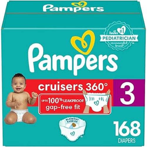Pampers Couches – Cruisers 360 degrés – Taille 3, 168 pièces, jusqu'à 100 % étanche, conçues pour les bébés actifs, couches à enfiler, languettes EZ Off conçues pour un changement facile