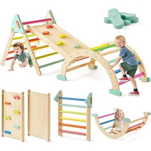 Tiny Land Pikler Triangle Set,7-in-1 Foldable Montessori Toddler Climbing Toys Indoor, Wooden Playground Jungle Gym for Kids, Climber Gift for Boys & Girls Toddler Climbing Toys (Rainbow)