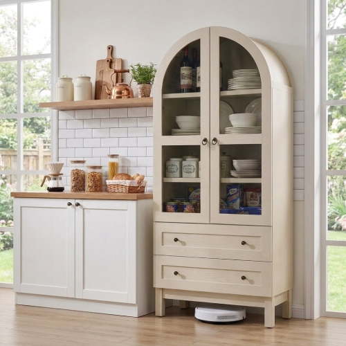 Aitjunz 71" Tall Arched Storage Cabinet with Glass Doors & 2 Drawers, Farmhouse Wood Pantry Cabinet w/ Adjustable Shelves for Bathroom, Kitchen & Living Room, Cream
